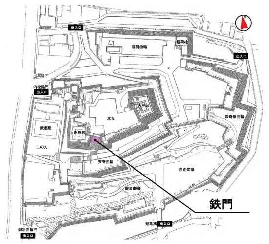 鉄門の位置を示した甲府城の全体図です