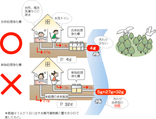 単独浄化槽と合併浄化槽　処理能力比べ